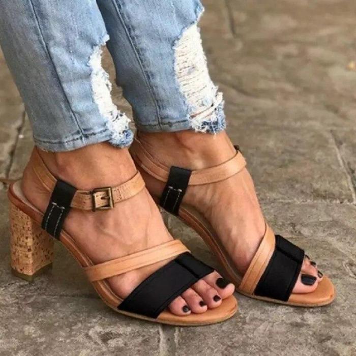 Summer High Heels Women Mixed Colors Retro Gladiator Open Toe Ladies Beach Shoes Sexy Buckle Strap Roman Sandals