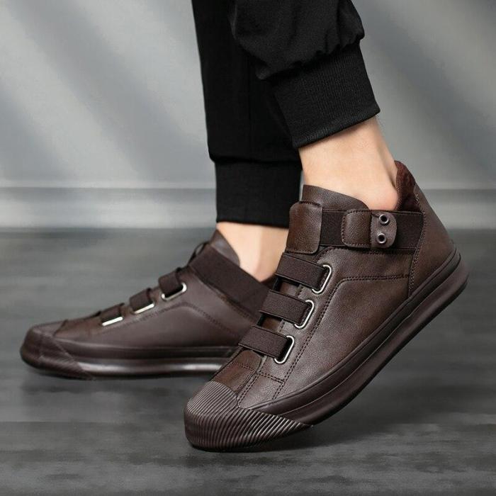 New Men's Hight-Top Pu Leather Shoes Breathable Elastic Band Style Wild Loafer Shoes Male Thick Bottom Rubber Boot