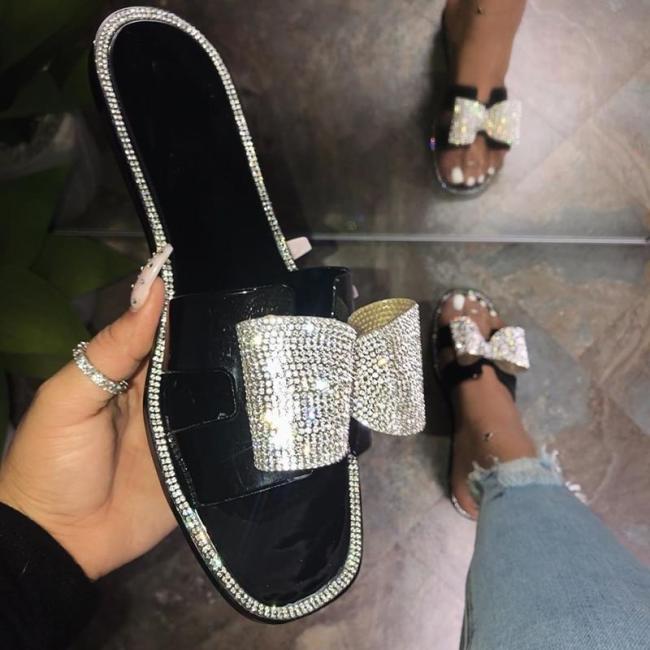 Woman's Slippers Flat Sandals Open Toe Rhinestones Outdoor Bow Beach Shoes Fashion Plus Size