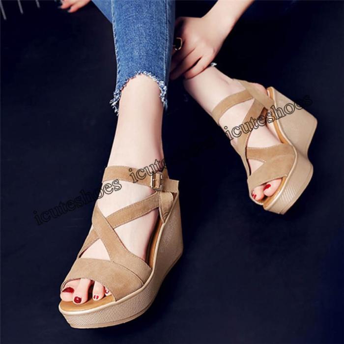 Women Fish Mouth Non-slip Platform Slope High Heels Sandals Buckle Strap Sandals Outdoor Style For Women
