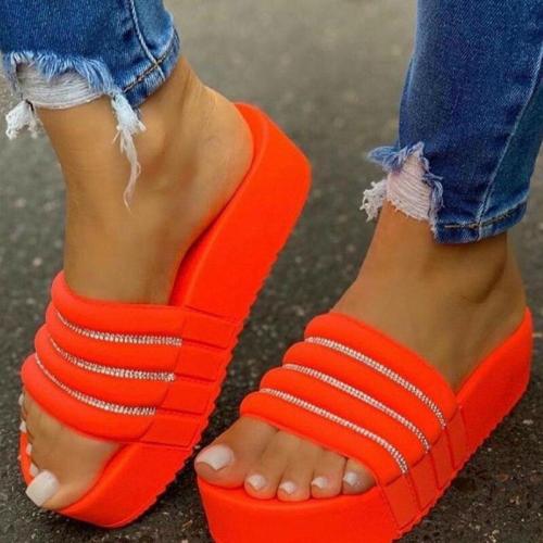 Women Summer Crystal Slippers Platform Heel Thick Sole Light Color Slides Fashion Beach Outdoor Ladies Shoes