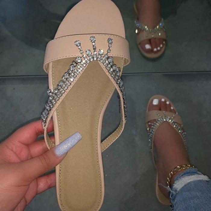 2020 Summer New Woman's Flat Shoes Summer Outdoor Slippers Rhinestones Beach Sandals Comfortable Sexy Plus Size 42