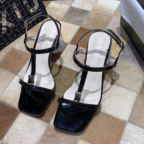 Woman Red Sandalias Fashion T-Strap Clear Square Heels Sandals Women Summer Sexy Party Wedding Female Shoes