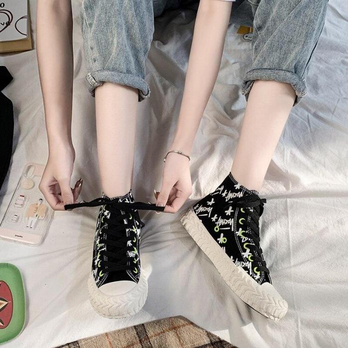 Cute Girly Style Lightweight Casual High-top Flat Black Women's Black Canvas Shoes Fashionable