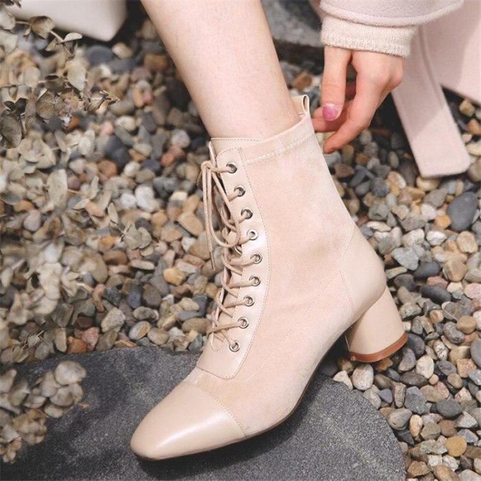Lace Up Genuine Leather Square Toe Ankle Length High Heel Ladies Shoes Boots