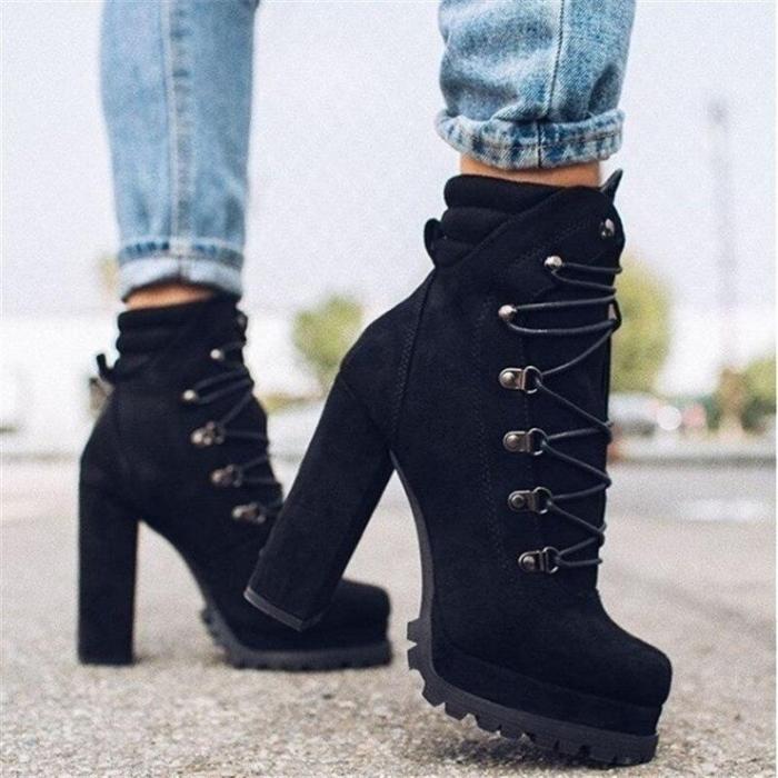 Women High Heels Ankle Boots Cross Straps Fashion High Heels Casual Elegant Solid Round Toe Boots