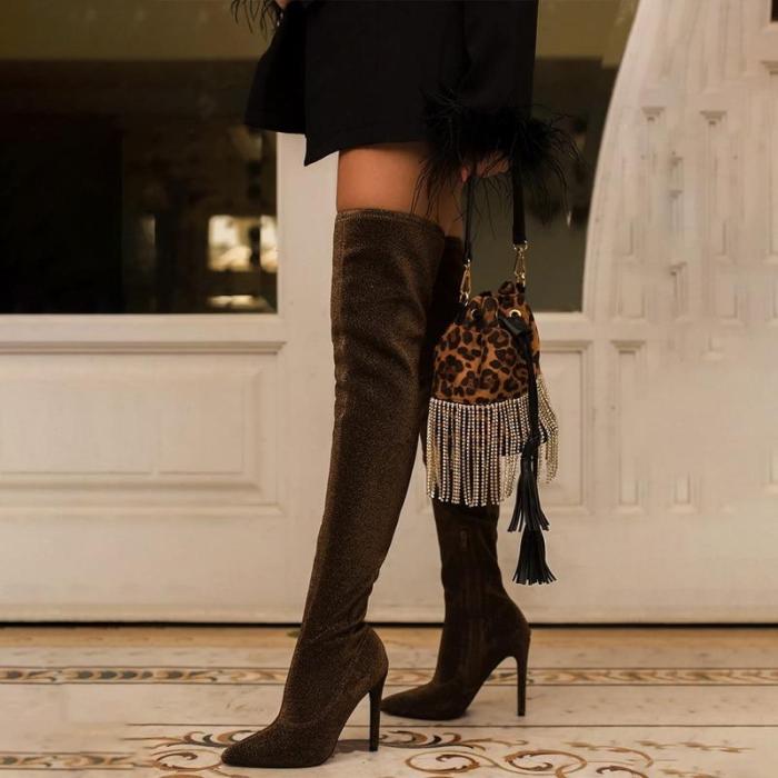 Women Thigh High Boots High Heel Leopard Stretch Sock Slip-on Boots Winter Sexy Lady Over Knee Stripper Shoes