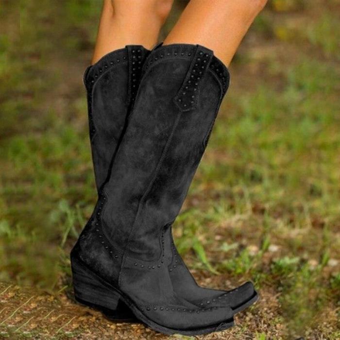 Retro Knee High Boots Leather Long Booties Women High Cowboy Boots