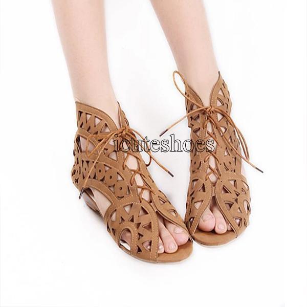 Bohemian Summer Shoes Lace Up Gladiator Sandals Low Heels Wedges Open Toe Women