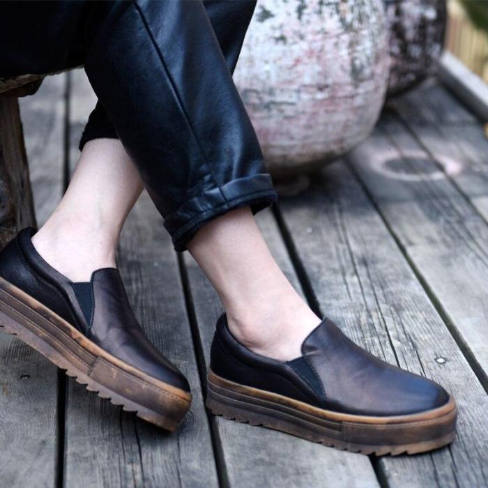 Vintage Flat Platform Loafers Shoes Fashion Handmade Genuine Leather Black Women Flats Four Seasons Shoes