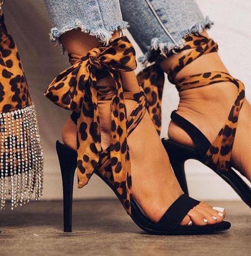 Women Summer Ankle Strap Sandals Thin High Heel Cross Tie Leopard Fashion Sexy Wedding Party Ladies Shoes