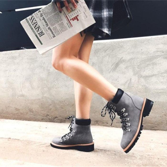 Brand Design Women Cowboy Boots Flat Boots Autumn Winter Lace Up Boots Genuine Leather