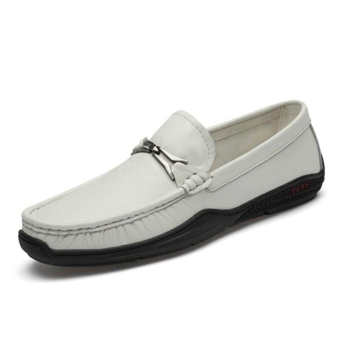 Mens Leather Shoes Slip on Summer Autumn Genuine Leather Boat Footwear Breathable White Loafers Moccasins Soft