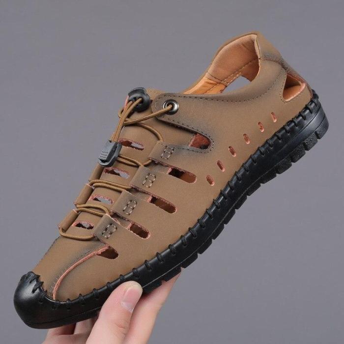 New Men's Casual Simple Hole Split Leather Sewing Sandals