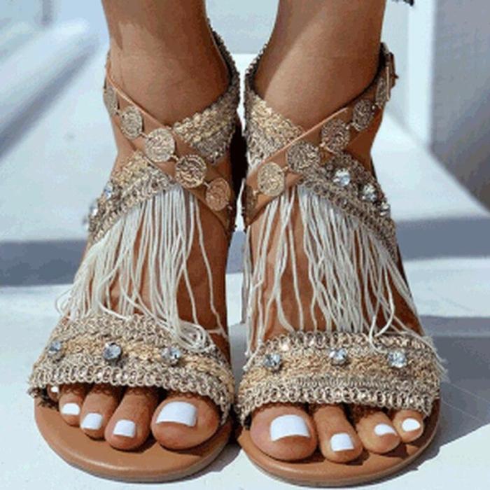 Women Summer Beach Sandals Flats Shoes Woman PU Leather Plus Size Bohemia Shiny Open Toe Sandalias