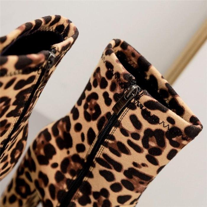 Women High Heels Suede Leopard Boots Ankle Boots Gothic Block Heels Platform Plus Size Shoes
