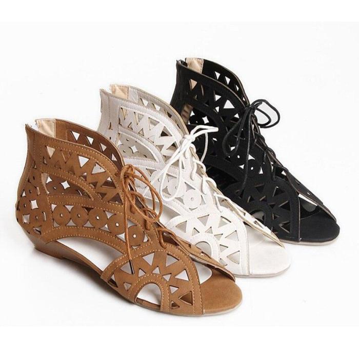 Bohemian Summer Shoes Lace Up Gladiator Sandals Low Heels Wedges Open Toe Women