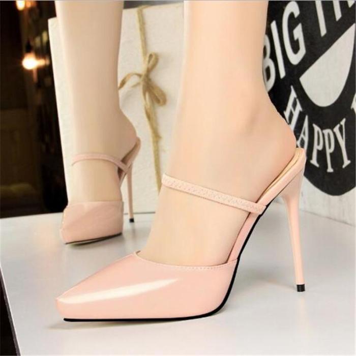 Elastic Band Concise Patent Leather Pointed Toe Fashion Platform High Heels Sexy Slippers