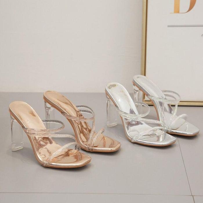 Fashion Silver Transparent Diamond Crystal Slipper Summer Open Toe Clear Perspex High Heels Sandals Party Shoes