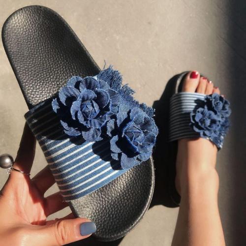 Women Summer Flower Denim Slippers Flower Flat Heel Platform Peep Toe Slides Casual Sandals