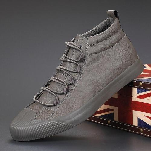 Spring Autumn New Men Version PU Leather Vulcanized Shoes Fashion Lace High Top Wearable Casual Shoes