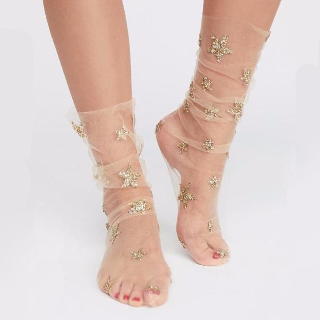 Chic Women's Glitter Stars Socks Ladies Transparent Mesh Gold Sliver Shiny Stars Fishnet Socks Hosiery Sox