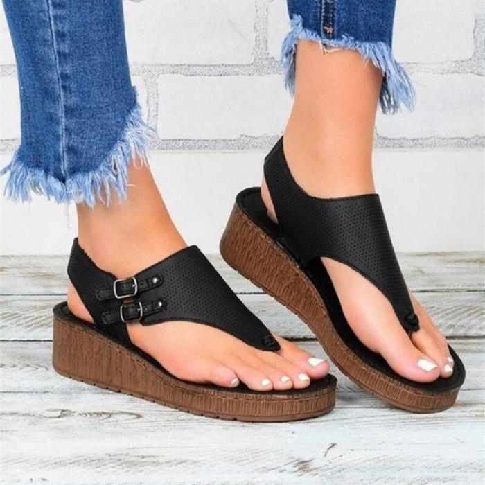 Platform Summer Women Sandals Rome Style Flip Flops Gladiator Punch Breathable Leather Black Brown Flats