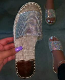 Women Summer Sandals Flats Plus Size Shoes Woman Shiny Bling Crystal Deco Slippers Open Toe Sandalias