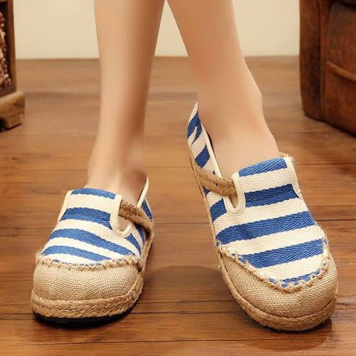 Women National Linen Hit Color Stripe Slip On Flat Heel Loafers