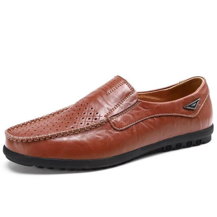 Plus Size Genuine Leather Men Casual Shoes Mens Loafers Summer Breathable Slip-on Boat Shoes