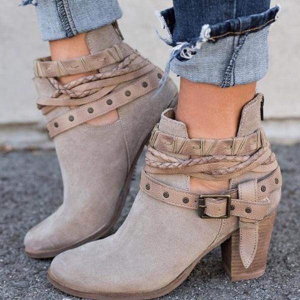Casual Ladies Shoes Boots Suede Leather Buckle High Heeled Zipper