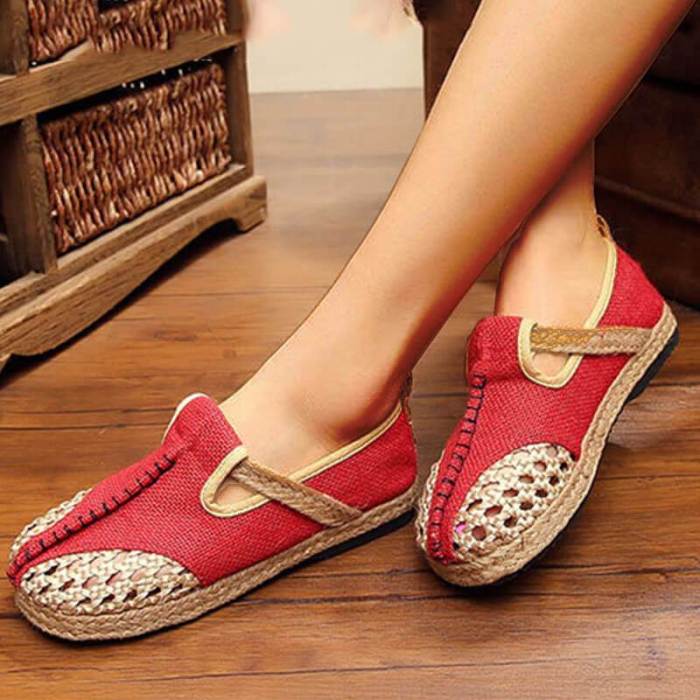 Women National Linen Hit Color Slip On Flat Heel Espadrille Loafers