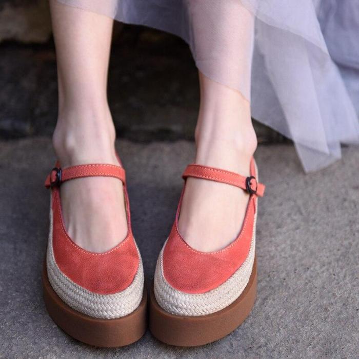 Flats Platform Women Shoes Buckled Thick Soles Shallow Mouth Cowhide Handmade Retro Genuine Leather Shoes