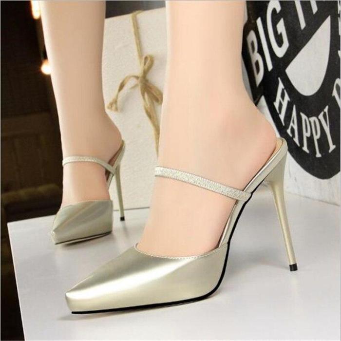 Elastic Band Concise Patent Leather Pointed Toe Fashion Platform High Heels Sexy Slippers