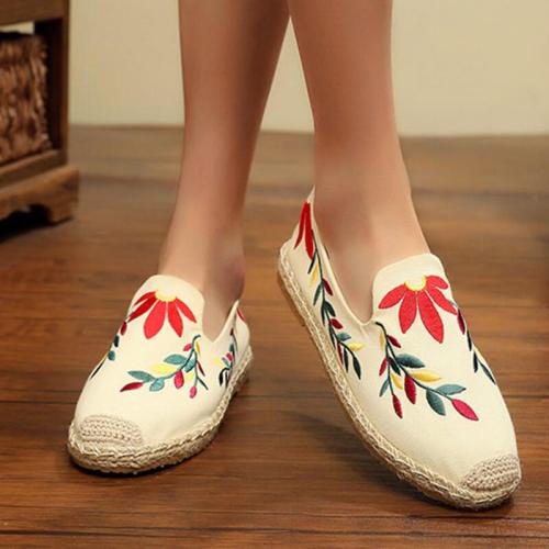 Women Linen Flower Slip On Flat Heel Espadrille Loafers