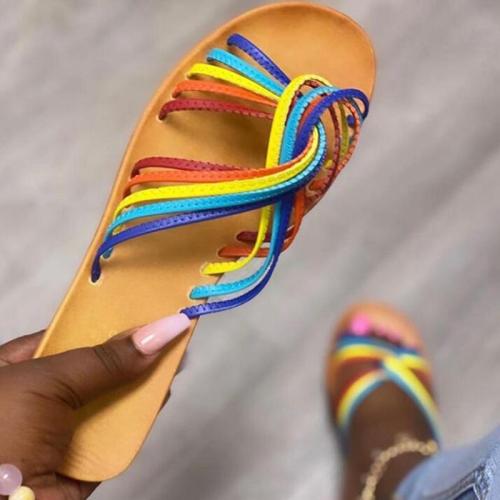 Woman's Summer Flat Sandals Open Toe Rainbow Outdoor Beach Shoes Fashion Comfortable Plus Size 41