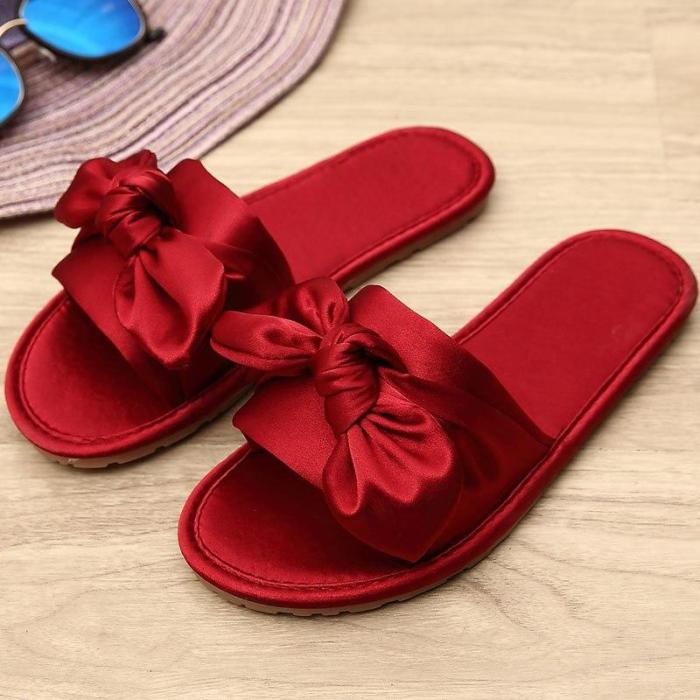 Women Home Slipper Indoor Outdoor Bow Flip-flops Fashion Silk Flat Shoes New Fashion Female Casual