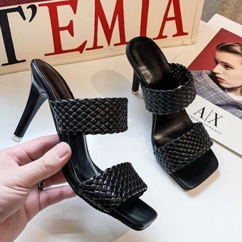 Leather Slippers Square Toe High Heels Ladies Sandals Stiletto Dress Shoes