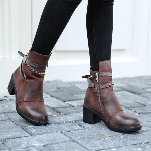 Leather Women Ankle Boots Round Toe Zipper-side Woman Cowboy Boots High Top