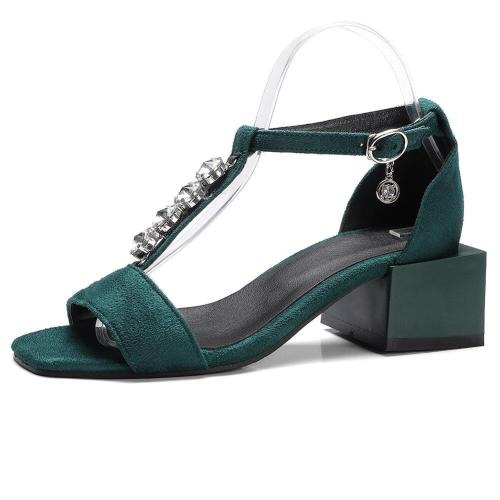 Concise t-strap Sandals Med Chunky Heels Sandals Women Fashion Crystal Decorating Shoes Woman