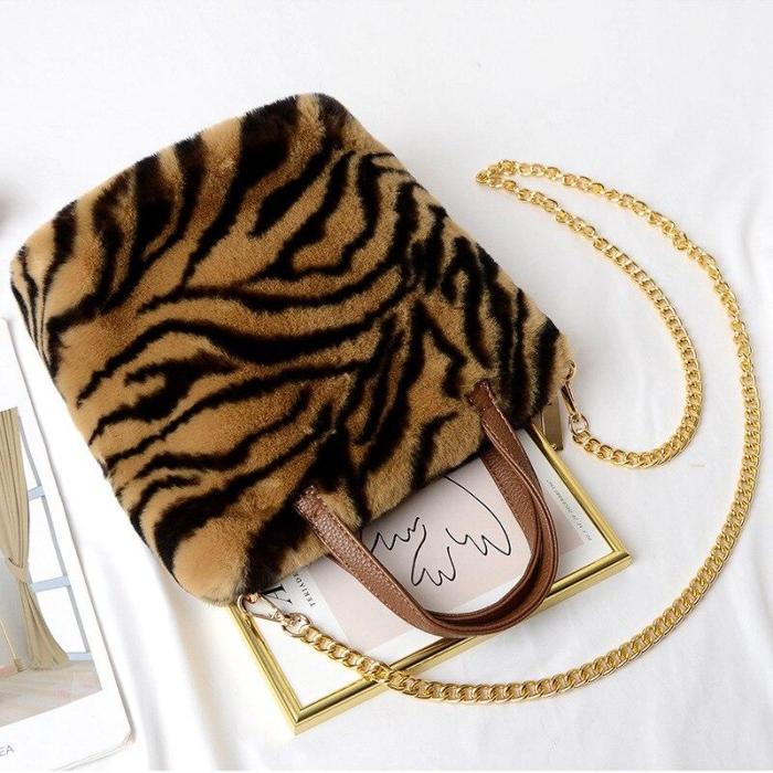 Faux Fur Large Capacity Leopard Handbag Plush Messenger Bag for Women Soft Warm Fur Bag Female Travel