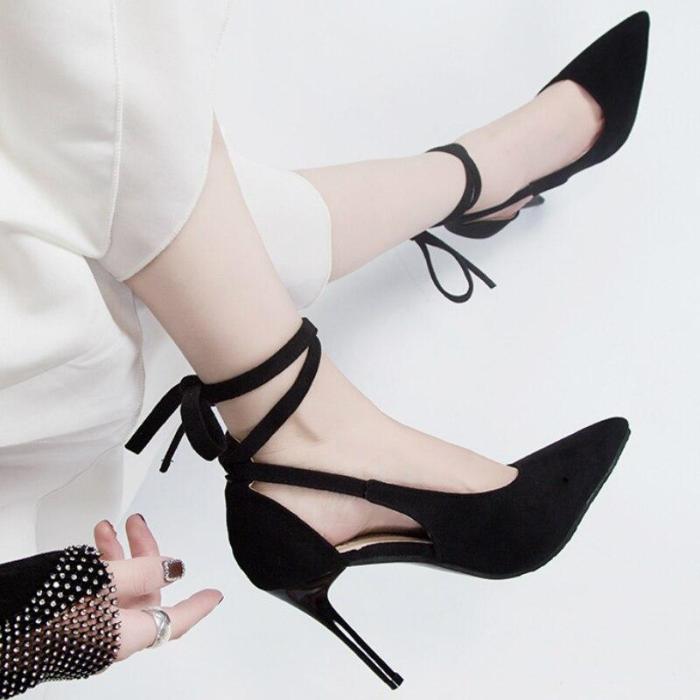 Women Summer Flock Sandals Thin High Heels Platform Ankle Wrap Pointed Toe Elegant Wedding Party Ladies Shoes Zapatos De Mujer