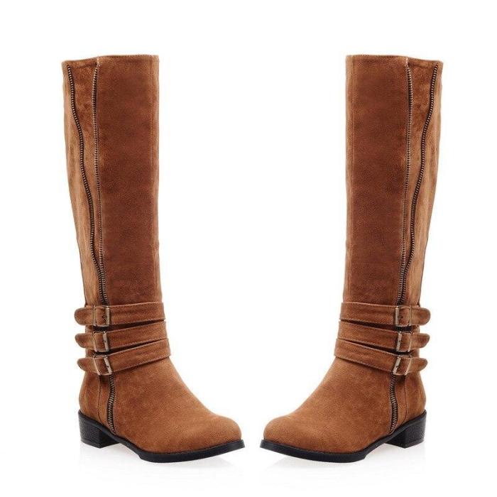 Women Knee High Boots Autumn Winter Suede Leather Low Heels Ladies Shoes Buckle Strap Zip Vintage Riding Boots
