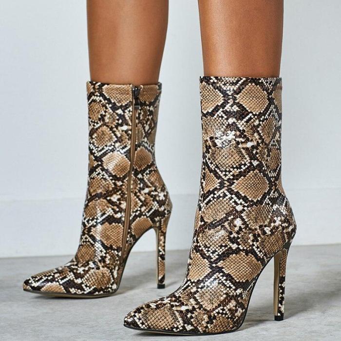 Women Ankle Boots High Heels Short Boots Stiletto Heels Snake Print Winter Shoes