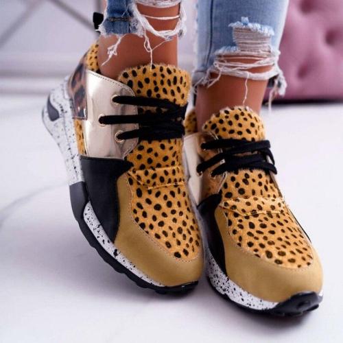 New Women Casual Shoes Breathable Sneakers Leopard Print Faux Fur Sneakers Lace-up Platform Sports Shoes Women