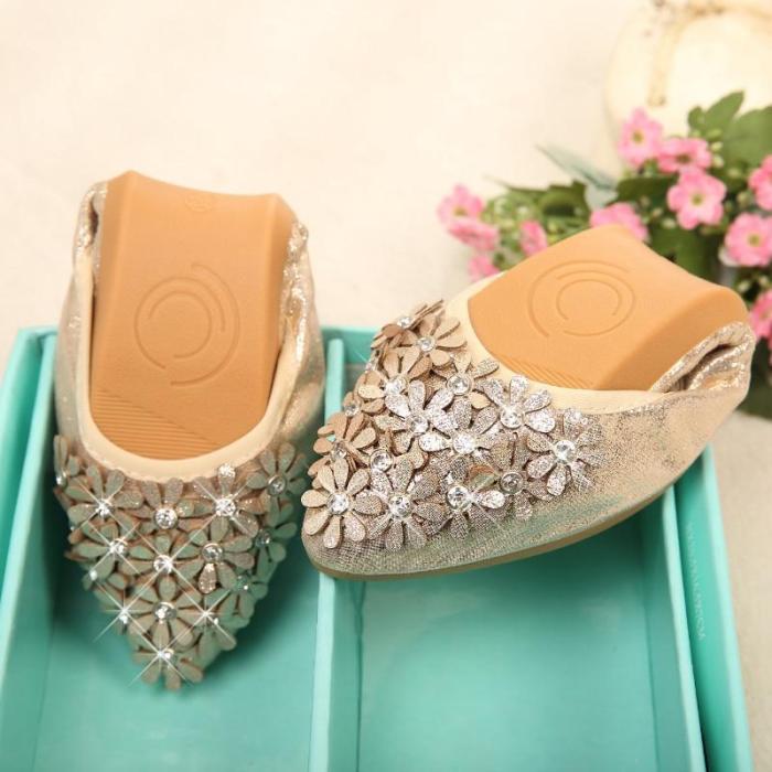 Crystal Ballet Floral Flat Shoes Rhinestone Women Flower Pointed Toe Golden Shoes Loafers