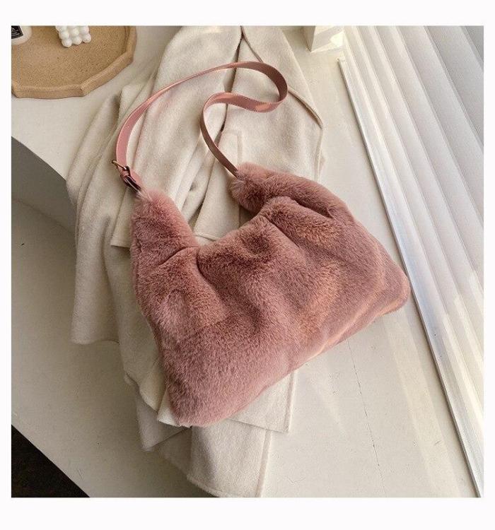 Luxury Faux Fur Bags for Women White Handbag Winter Soft Plush Pink Shoulder Bag Fashion Female Tote Bag
