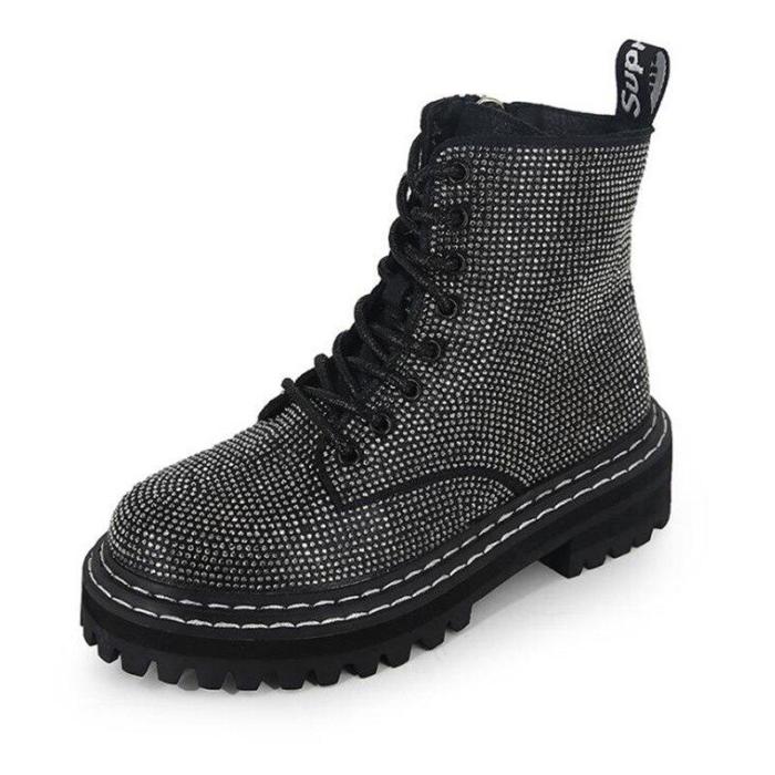Lace Up Platform Ankle Boots Bling Rhinestone Women Booties Campus Sweet Student Shoes