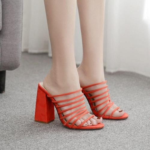 Square Heel Shoes Slippers Female Peep Toe High Heel Slippers Fashion Party Sandals Orange
