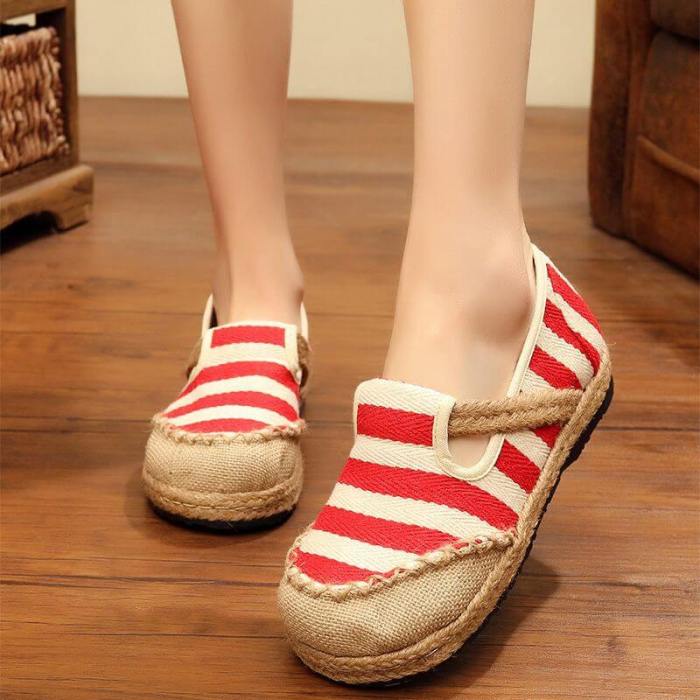 Women National Linen Hit Color Stripe Slip On Flat Heel Loafers